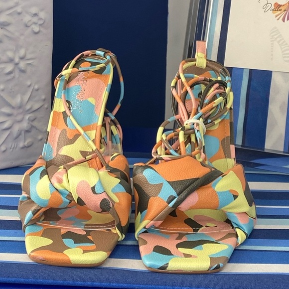 Cape Robbin multicolor camo square toe knotted strappy  high heel sandals sz 10 - Picture 12 of 12